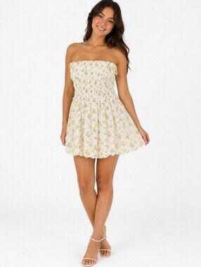 Jessica Simpson Strapless White Smocked Mini Dress with Floral Print Size L
